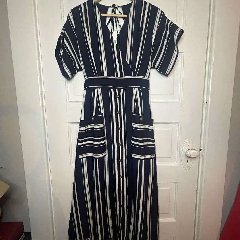 One One Six Striped Short Sleeve Open Back Midi Dress